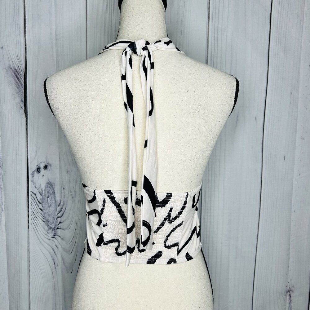 SHEIN Women's Black Ivory Satin Tie-Neck Halter Crop Top Smocked Back Sz S - Picture 6 of 8